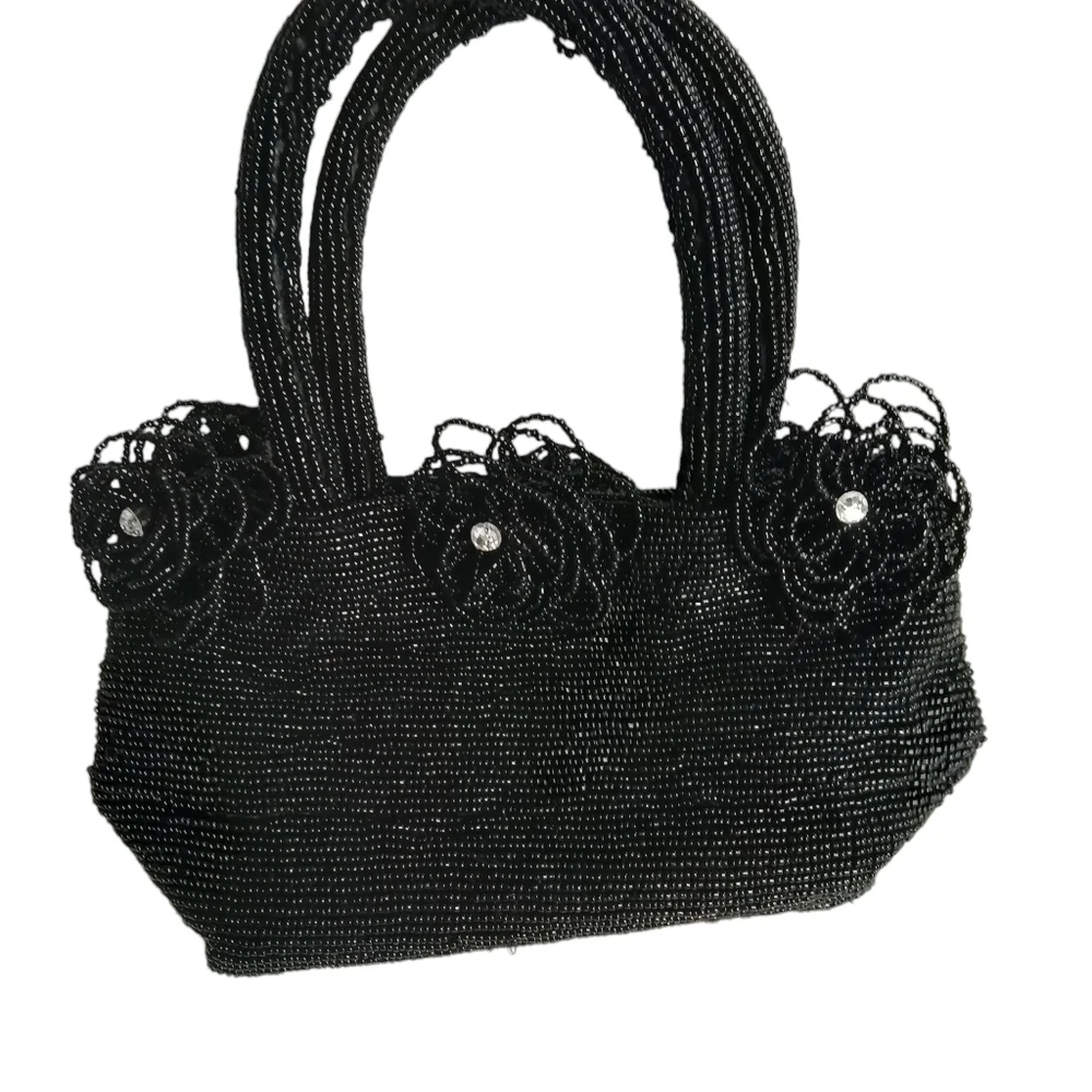 Vintage 80's Bag Black Glass Beads Beaded Strap Satin Lined Florets